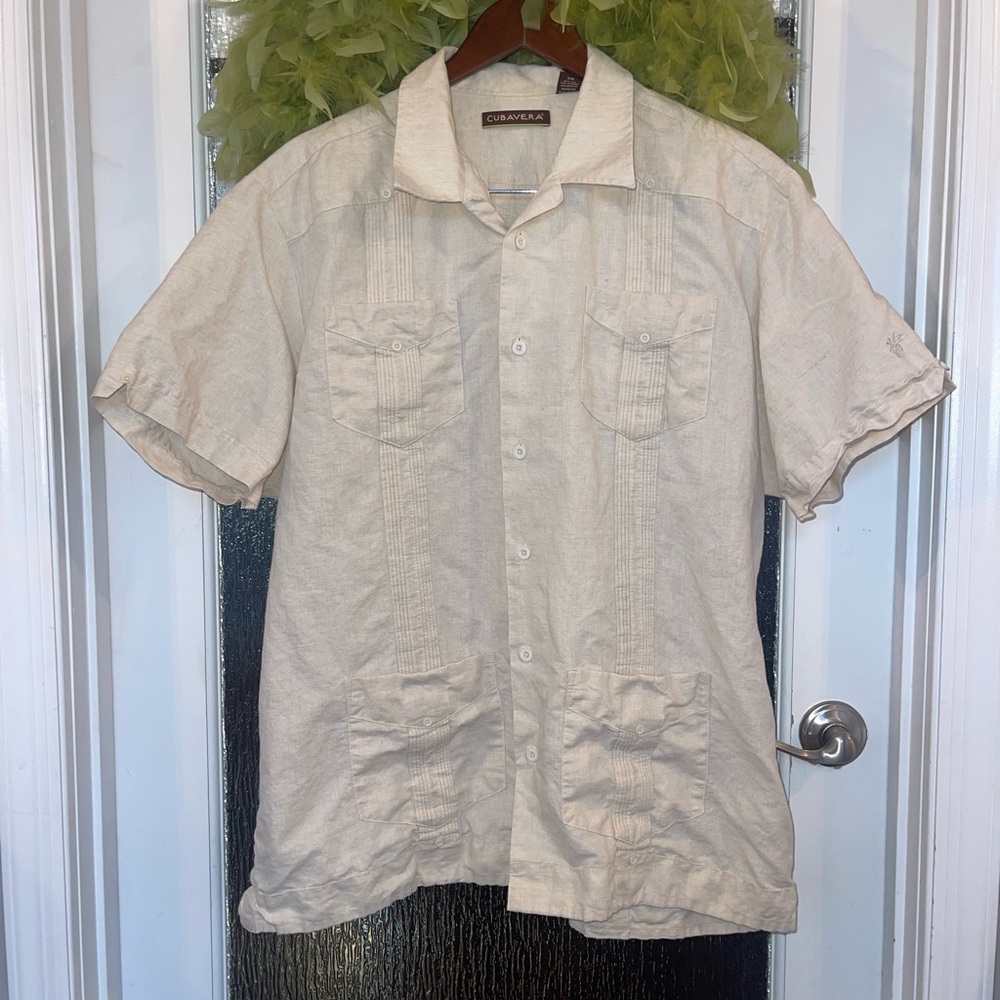 Cubavera Linen Blend Short Sleeve Guayabera Shirt - Light Beige